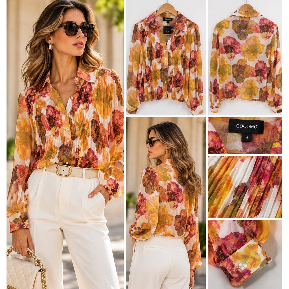 Cocomo Women's Floral Pleated Button Front Blouse Long Sleeve Size Medium (7-b44